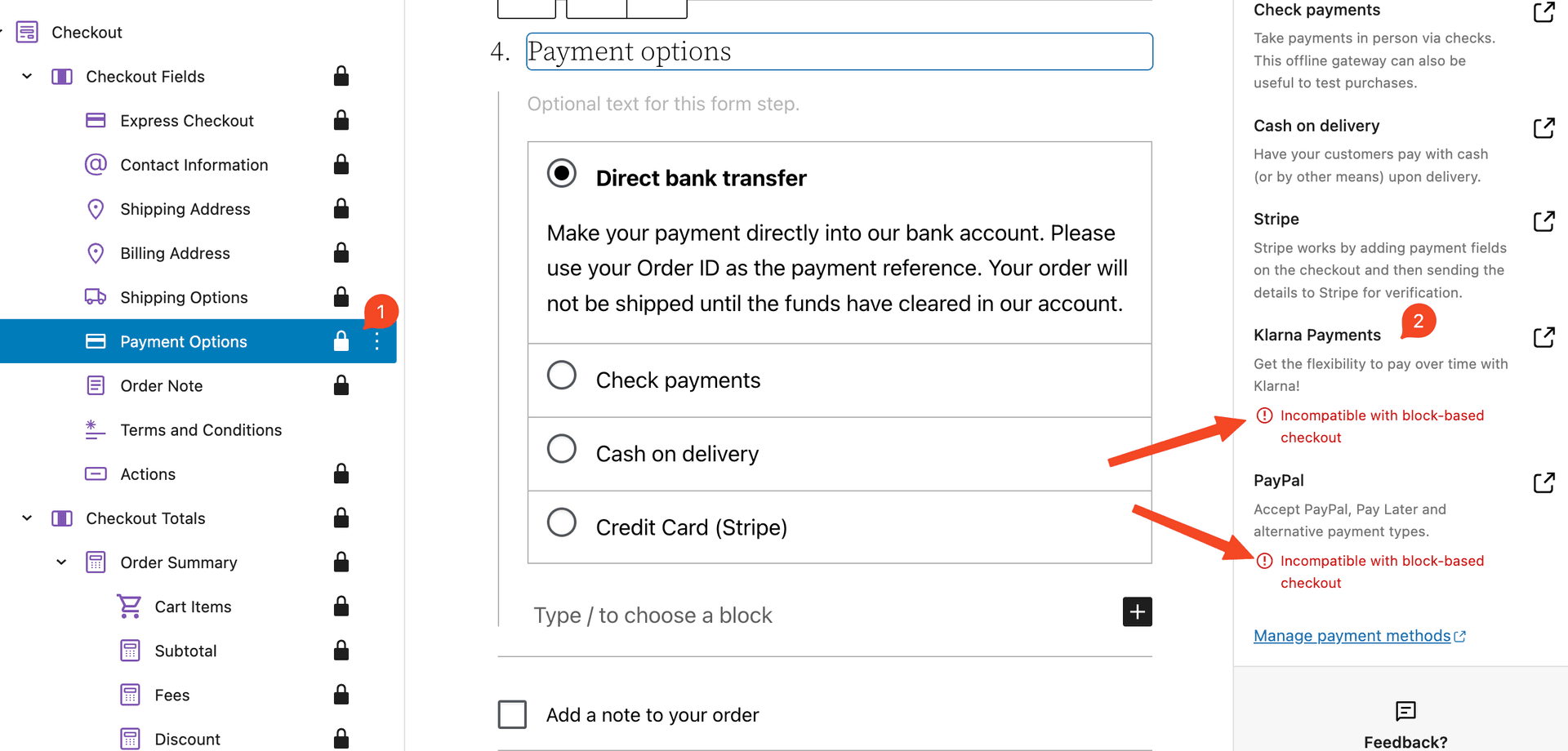 Payment options with incompatibility highlighting