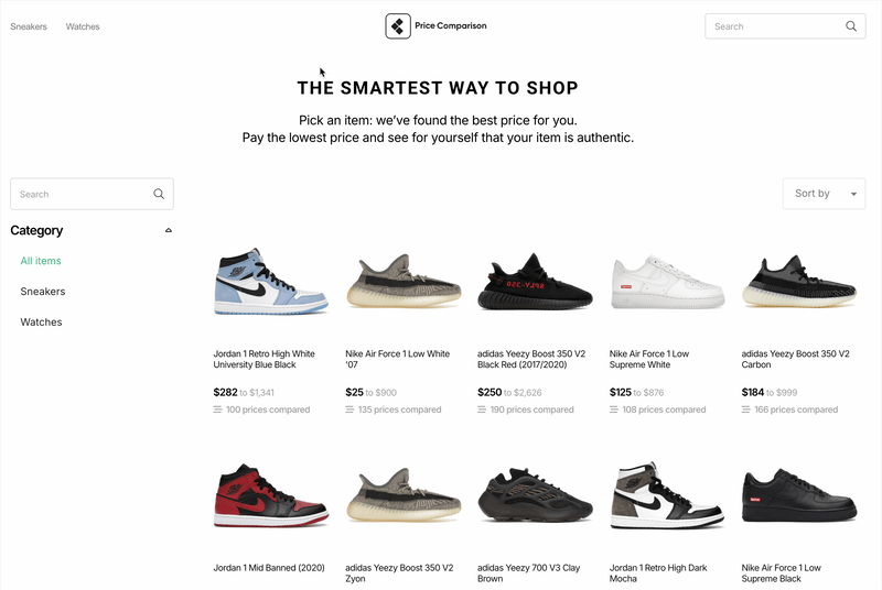 Main flow: searching & filtering luxury goods.