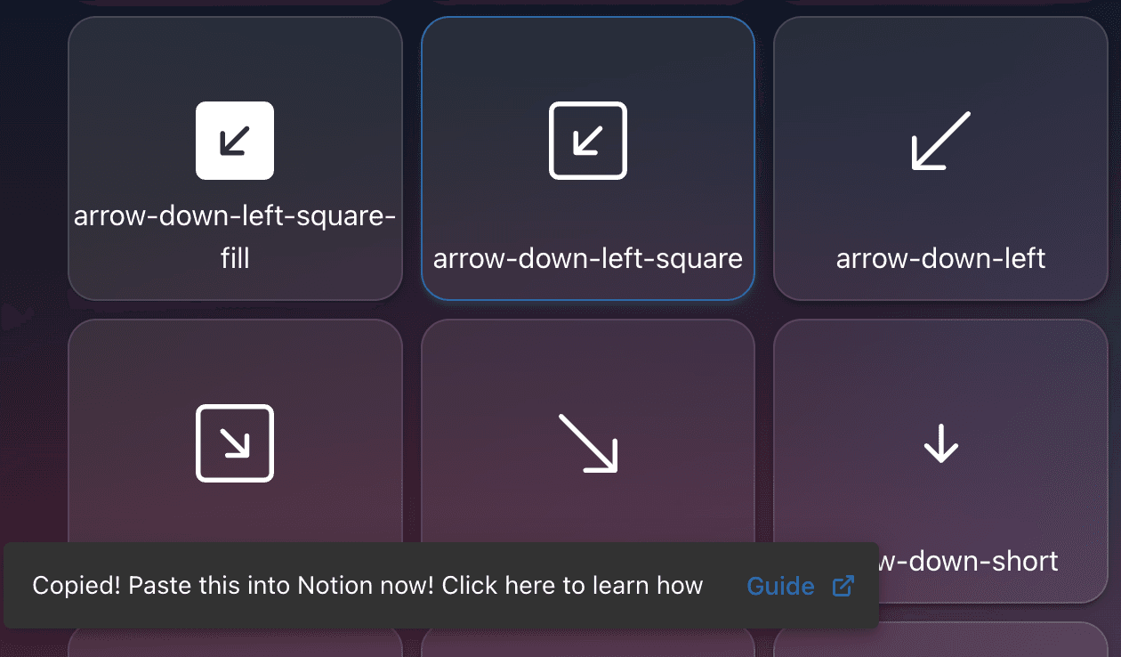 Notification confirming icon link copied to clipboard
